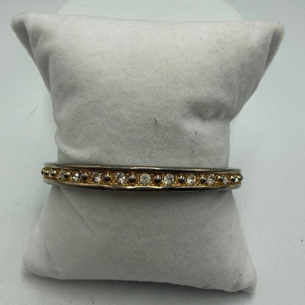Silver‎ Tone Bangle Bracelet Clear Crystal Gold Tone Accents Mixed Metal Slip On
